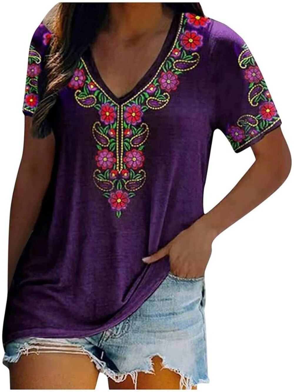 Short Sleeve Mexican Tee Shirts for Women Floral Embroidered Loose Tops Ethnic